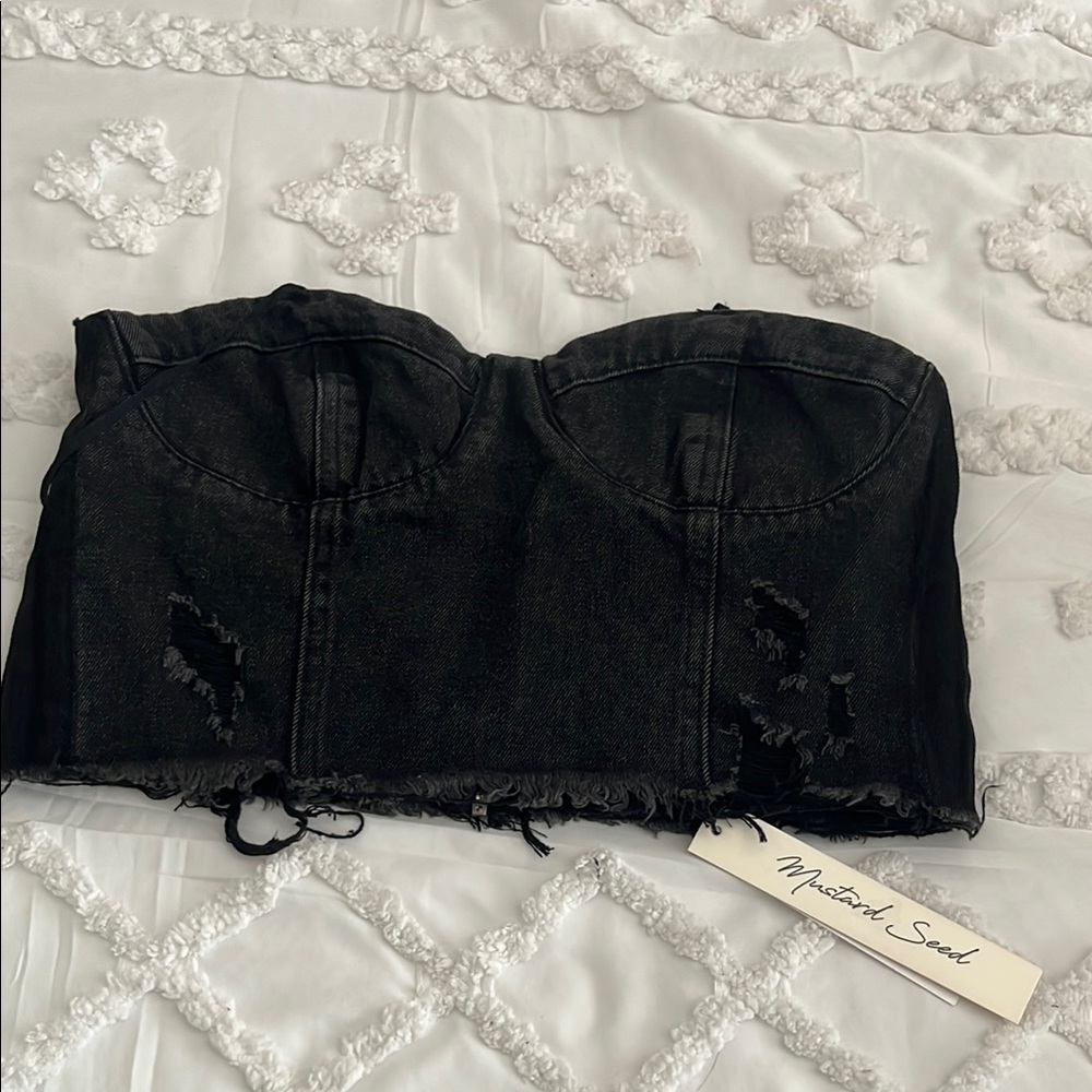 NWT Women’s Mustard Seed Black Strapless Distressed Denim Crop Top size medium